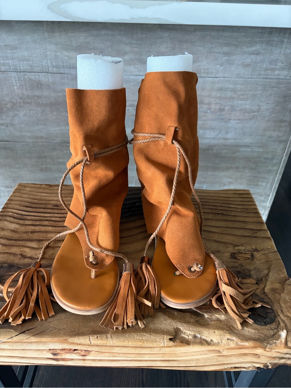 Women's Tassel Suede Lace-Up Sandal Boots in Cognac